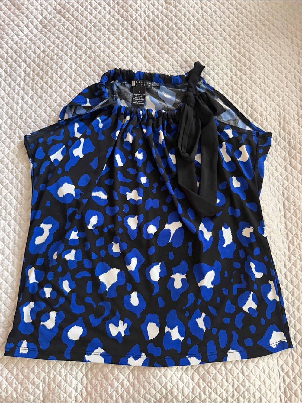 Carole Little Black Blue and White Leopard Print Tie-Neck Sleeveless Top